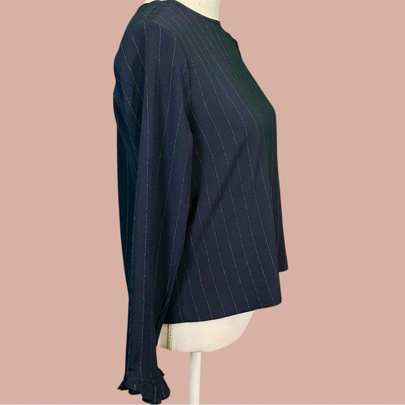 Ganni ‘Clark’ Pinstripe Ruffle Cuff Top in Navy Blue & White Size 34 = US Sz XS - Picture 13 of 16